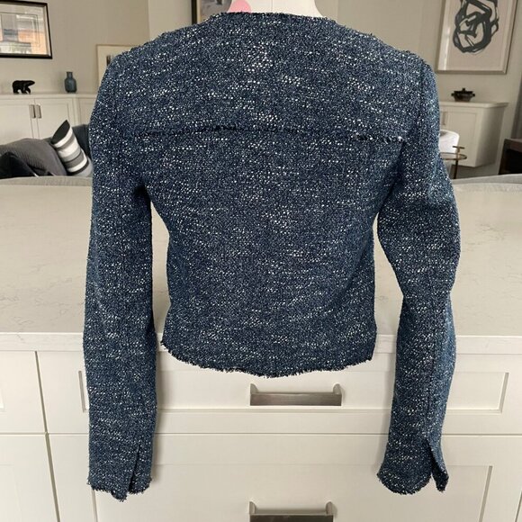 Theory Ualana Raw-Cut Edges Lined Cotton Viscose Open Jacket Indigo Tweed Sz 0 - Picture 4 of 10